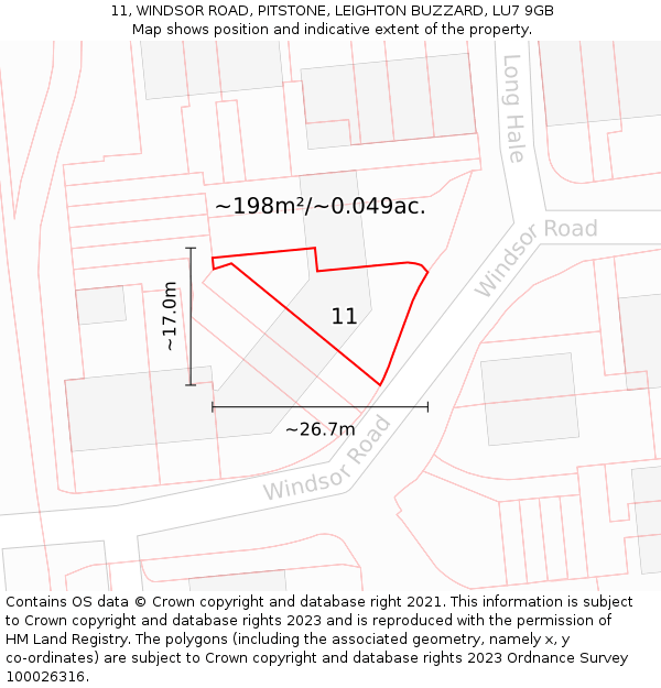 11, WINDSOR ROAD, PITSTONE, LEIGHTON BUZZARD, LU7 9GB: Plot and title map