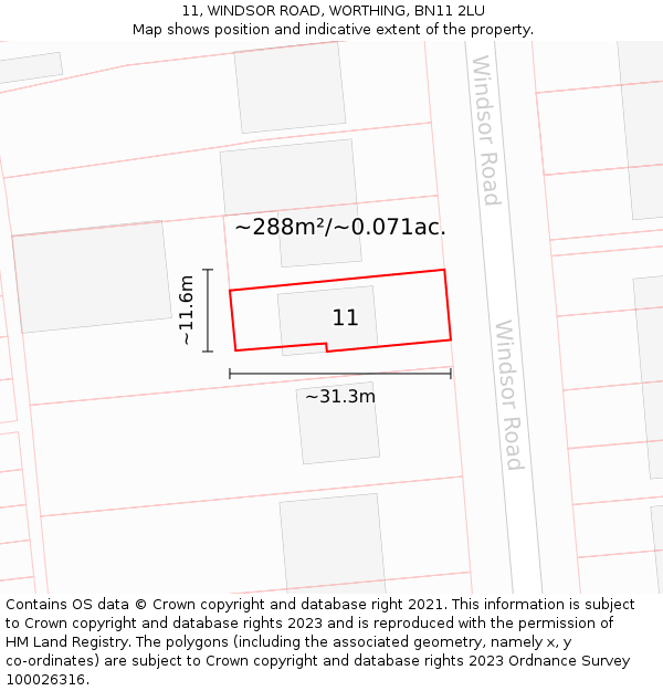 11, WINDSOR ROAD, WORTHING, BN11 2LU: Plot and title map