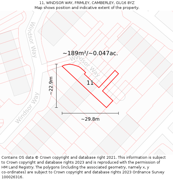 11, WINDSOR WAY, FRIMLEY, CAMBERLEY, GU16 8YZ: Plot and title map
