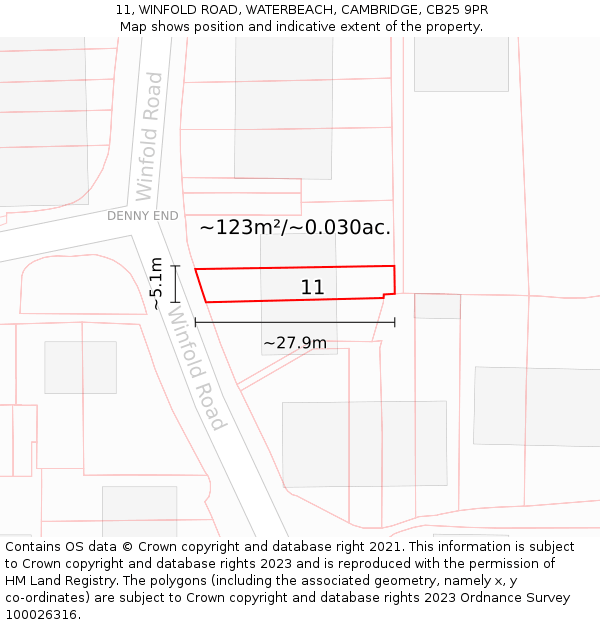 11, WINFOLD ROAD, WATERBEACH, CAMBRIDGE, CB25 9PR: Plot and title map