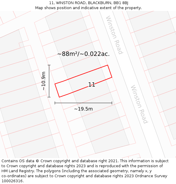 11, WINSTON ROAD, BLACKBURN, BB1 8BJ: Plot and title map