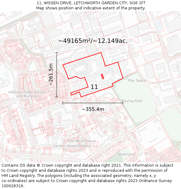 11, WISSEN DRIVE, LETCHWORTH GARDEN CITY, SG6 1FT: Plot and title map
