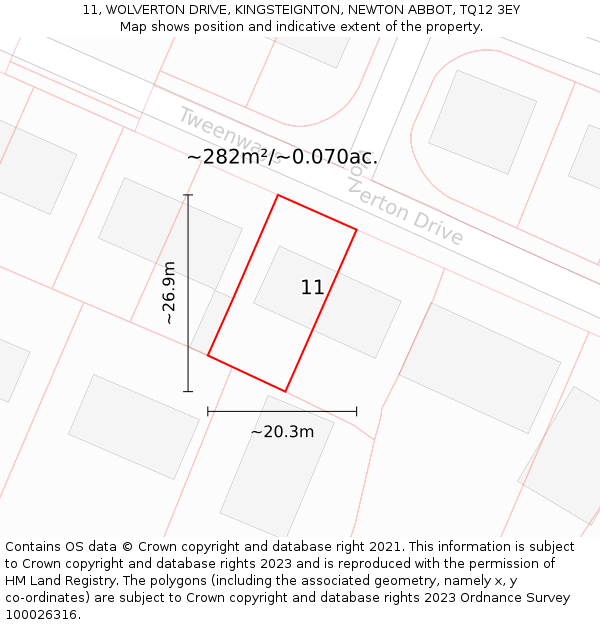 11, WOLVERTON DRIVE, KINGSTEIGNTON, NEWTON ABBOT, TQ12 3EY: Plot and title map
