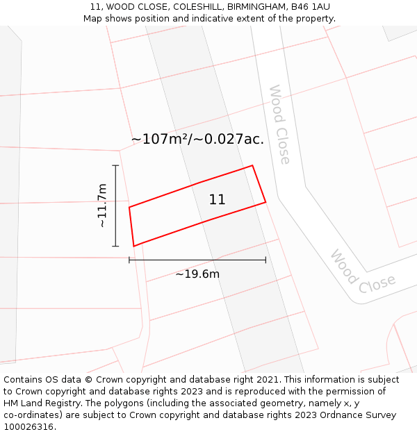 11, WOOD CLOSE, COLESHILL, BIRMINGHAM, B46 1AU: Plot and title map