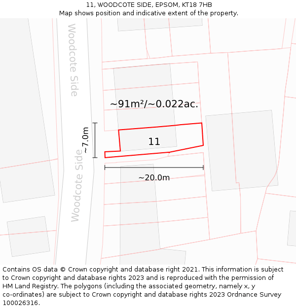 11, WOODCOTE SIDE, EPSOM, KT18 7HB: Plot and title map