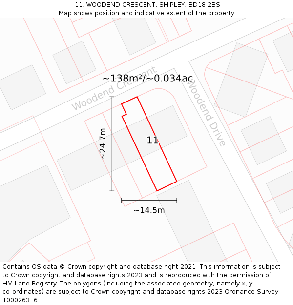 11, WOODEND CRESCENT, SHIPLEY, BD18 2BS: Plot and title map