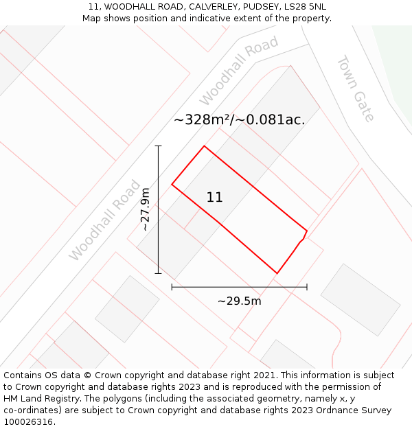 11, WOODHALL ROAD, CALVERLEY, PUDSEY, LS28 5NL: Plot and title map