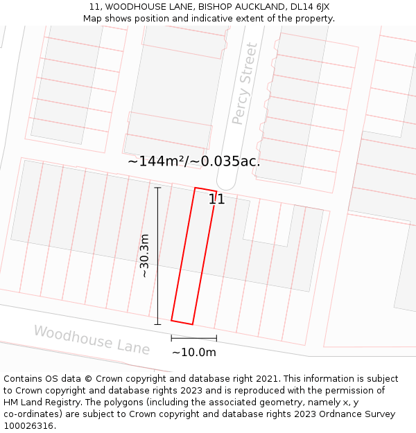 11, WOODHOUSE LANE, BISHOP AUCKLAND, DL14 6JX: Plot and title map