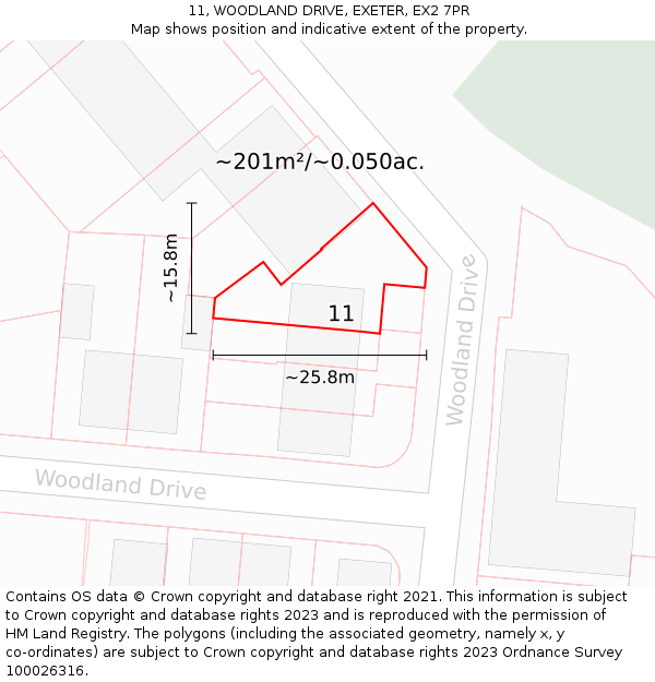 11, WOODLAND DRIVE, EXETER, EX2 7PR: Plot and title map