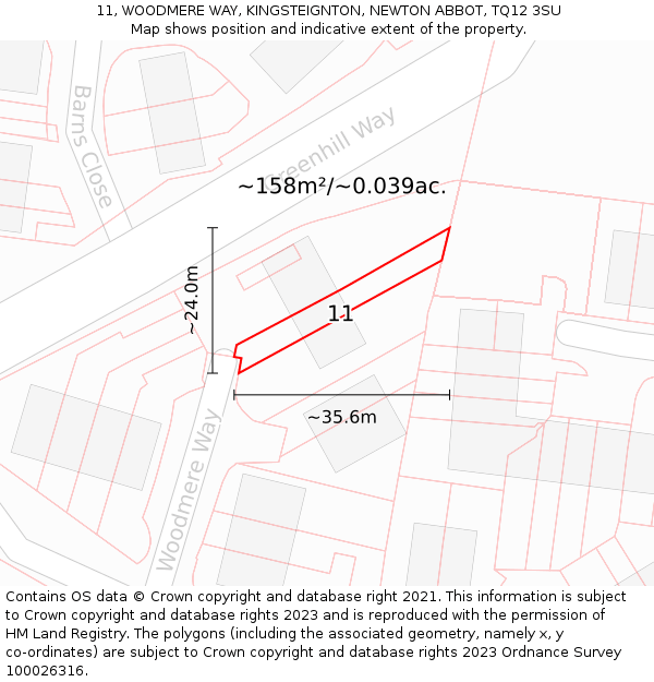 11, WOODMERE WAY, KINGSTEIGNTON, NEWTON ABBOT, TQ12 3SU: Plot and title map
