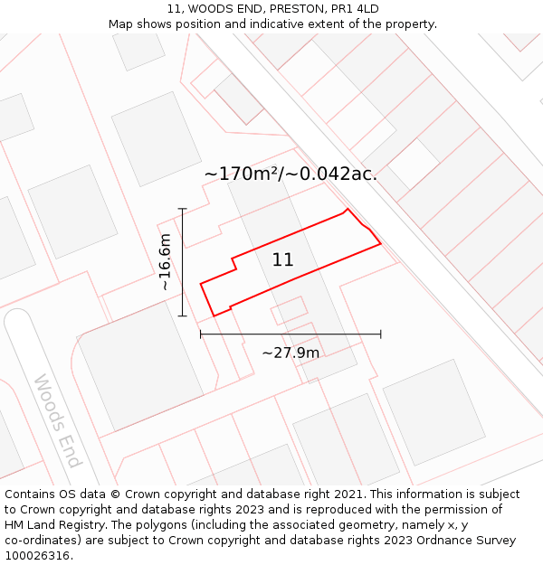 11, WOODS END, PRESTON, PR1 4LD: Plot and title map