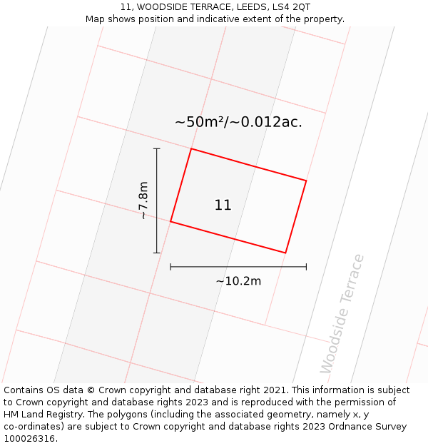 11, WOODSIDE TERRACE, LEEDS, LS4 2QT: Plot and title map