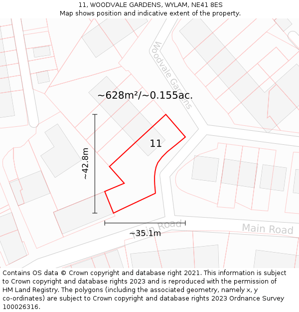 11, WOODVALE GARDENS, WYLAM, NE41 8ES: Plot and title map