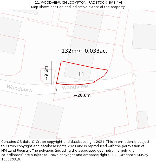 11, WOODVIEW, CHILCOMPTON, RADSTOCK, BA3 4HJ: Plot and title map