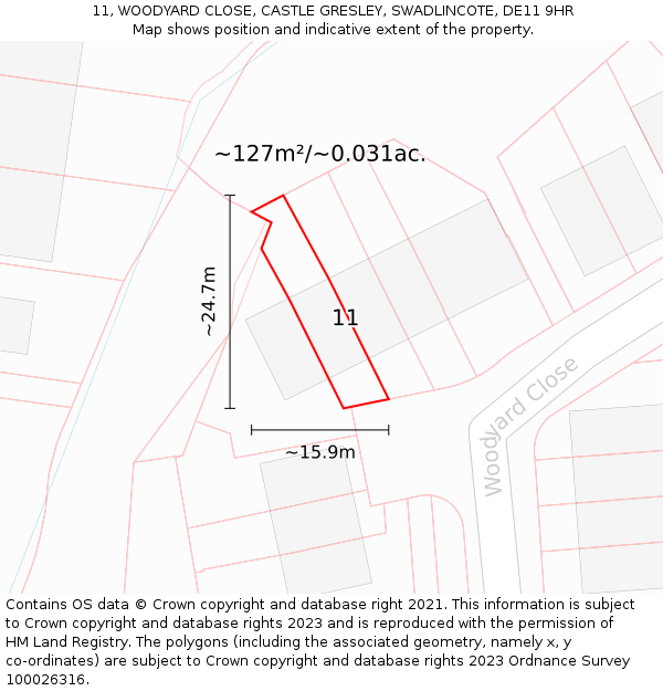 11, WOODYARD CLOSE, CASTLE GRESLEY, SWADLINCOTE, DE11 9HR: Plot and title map