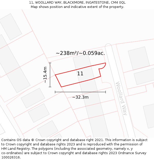 11, WOOLLARD WAY, BLACKMORE, INGATESTONE, CM4 0QL: Plot and title map
