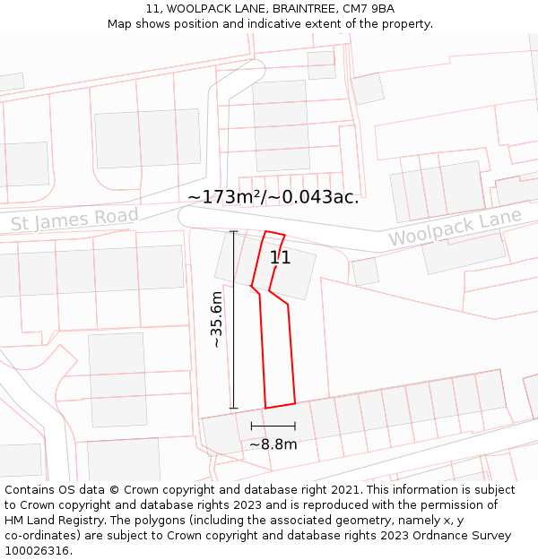 11, WOOLPACK LANE, BRAINTREE, CM7 9BA: Plot and title map