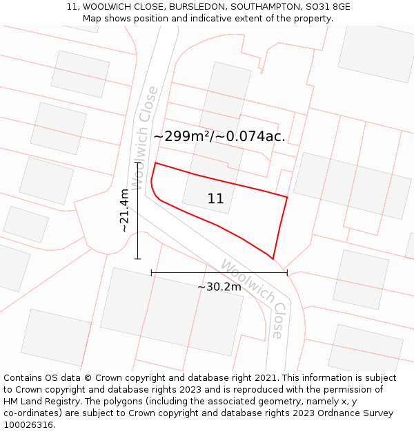 11, WOOLWICH CLOSE, BURSLEDON, SOUTHAMPTON, SO31 8GE: Plot and title map