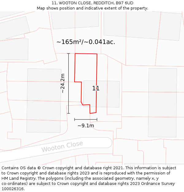 11, WOOTON CLOSE, REDDITCH, B97 6UD: Plot and title map