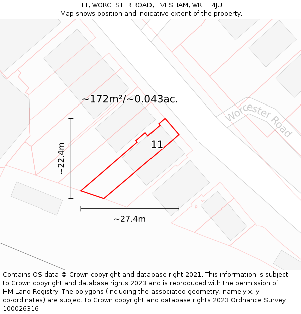 11, WORCESTER ROAD, EVESHAM, WR11 4JU: Plot and title map