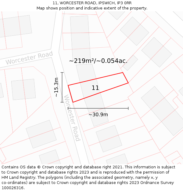 11, WORCESTER ROAD, IPSWICH, IP3 0RR: Plot and title map