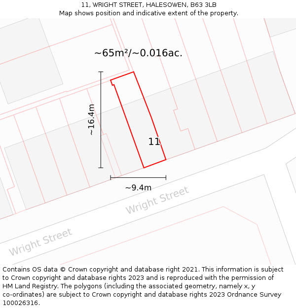 11, WRIGHT STREET, HALESOWEN, B63 3LB: Plot and title map