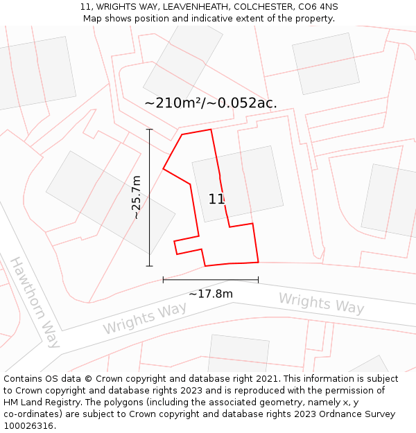 11, WRIGHTS WAY, LEAVENHEATH, COLCHESTER, CO6 4NS: Plot and title map