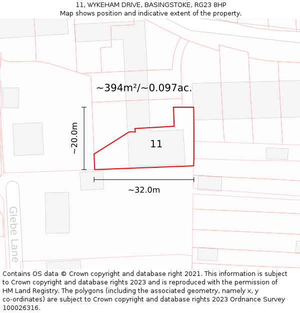 11, WYKEHAM DRIVE, BASINGSTOKE, RG23 8HP: Plot and title map