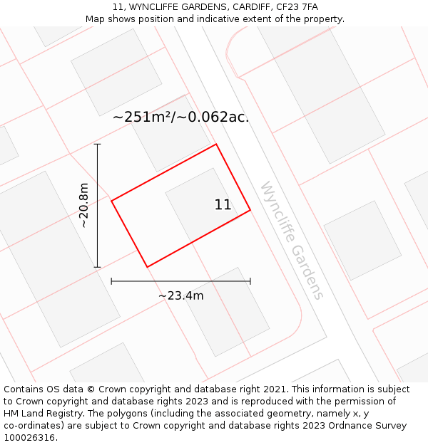 11, WYNCLIFFE GARDENS, CARDIFF, CF23 7FA: Plot and title map