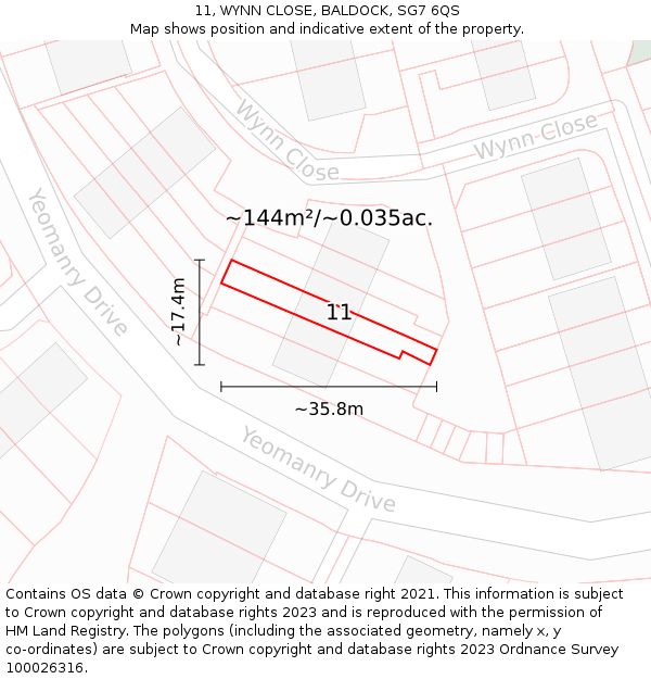 11, WYNN CLOSE, BALDOCK, SG7 6QS: Plot and title map