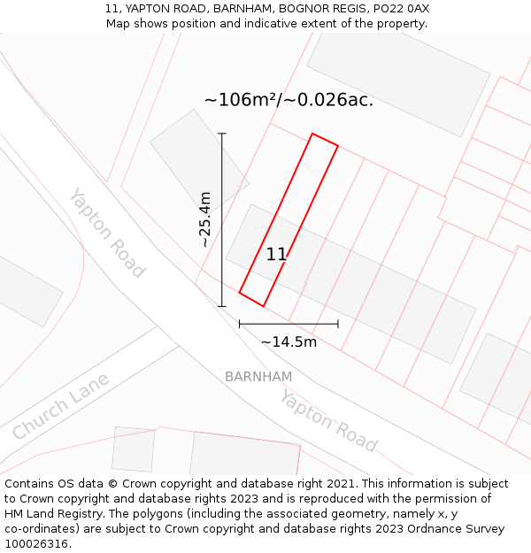 11, YAPTON ROAD, BARNHAM, BOGNOR REGIS, PO22 0AX: Plot and title map