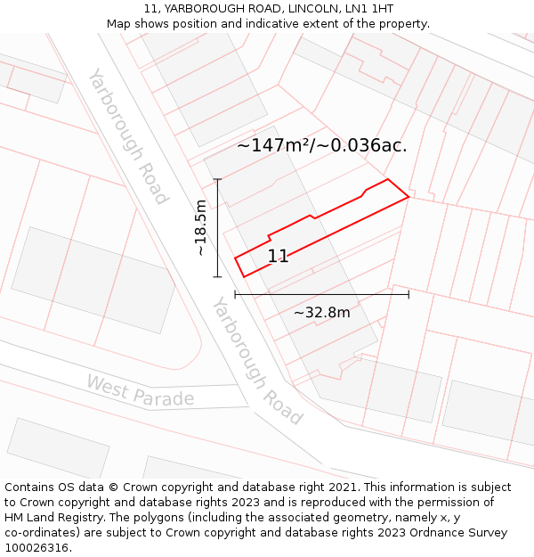 11, YARBOROUGH ROAD, LINCOLN, LN1 1HT: Plot and title map