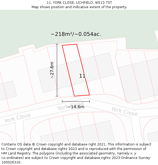 11, YORK CLOSE, LICHFIELD, WS13 7ST: Plot and title map
