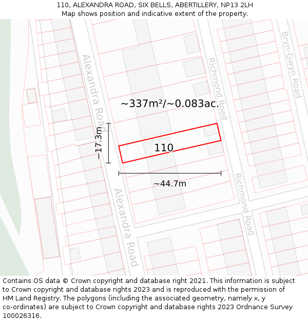 110, ALEXANDRA ROAD, SIX BELLS, ABERTILLERY, NP13 2LH: Plot and title map