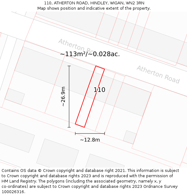 110, ATHERTON ROAD, HINDLEY, WIGAN, WN2 3RN: Plot and title map