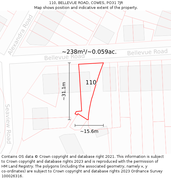 110, BELLEVUE ROAD, COWES, PO31 7JR: Plot and title map