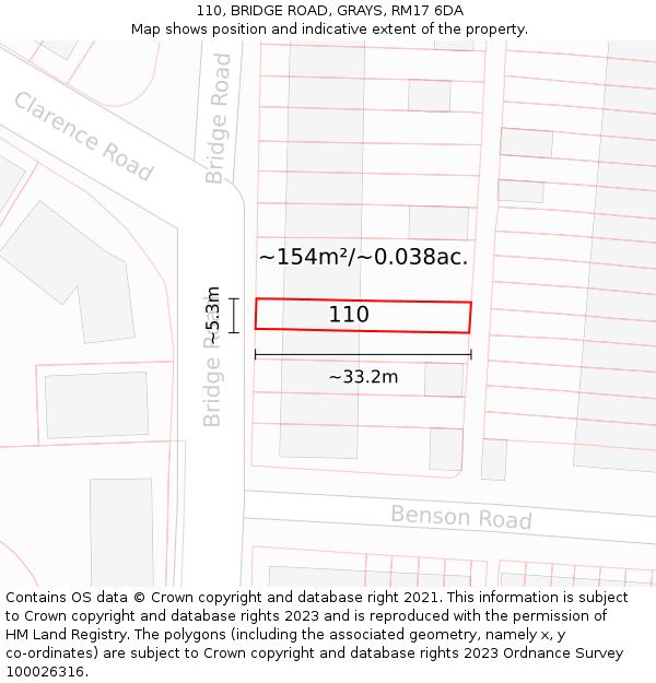 110, BRIDGE ROAD, GRAYS, RM17 6DA: Plot and title map