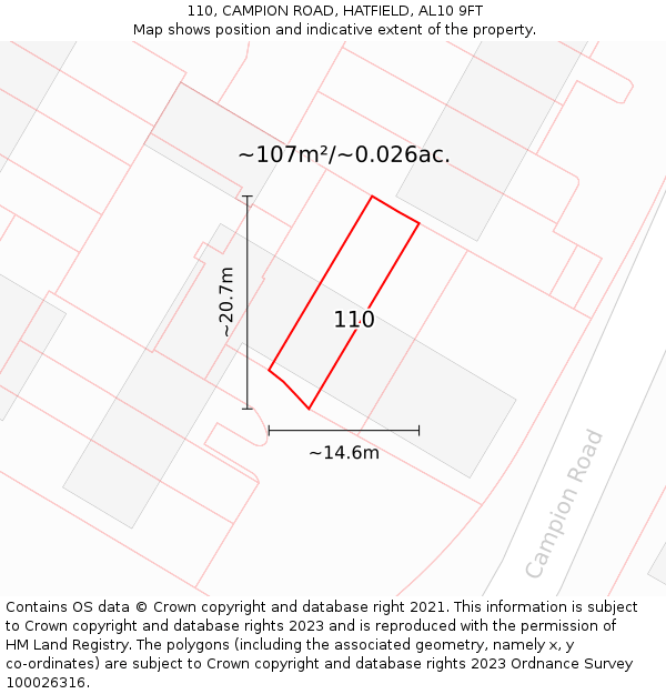 110, CAMPION ROAD, HATFIELD, AL10 9FT: Plot and title map