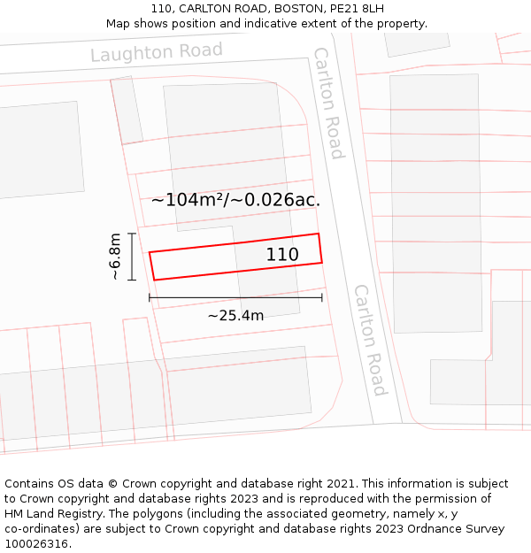 110, CARLTON ROAD, BOSTON, PE21 8LH: Plot and title map