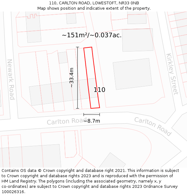 110, CARLTON ROAD, LOWESTOFT, NR33 0NB: Plot and title map