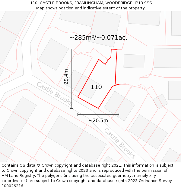 110, CASTLE BROOKS, FRAMLINGHAM, WOODBRIDGE, IP13 9SS: Plot and title map
