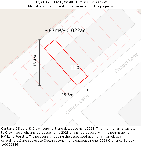 110, CHAPEL LANE, COPPULL, CHORLEY, PR7 4PN: Plot and title map