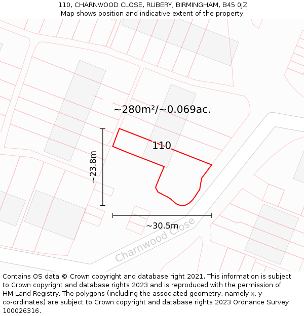 110, CHARNWOOD CLOSE, RUBERY, BIRMINGHAM, B45 0JZ: Plot and title map