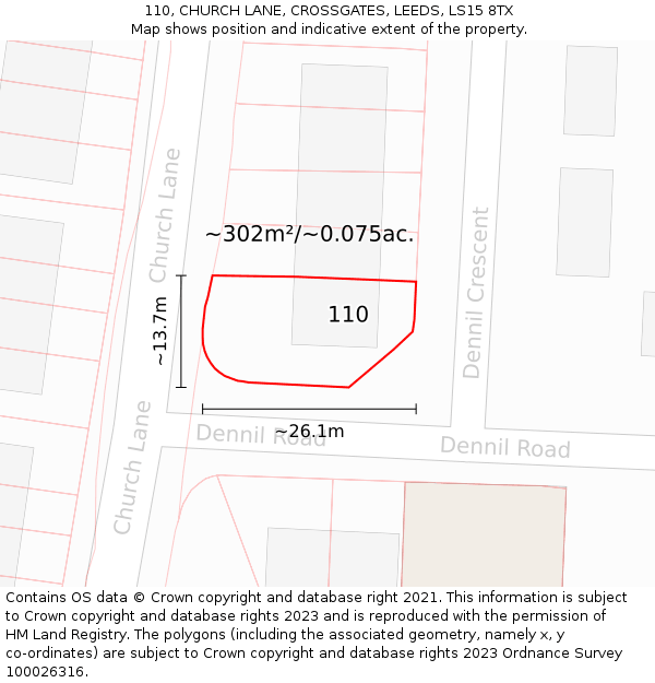 110, CHURCH LANE, CROSSGATES, LEEDS, LS15 8TX: Plot and title map
