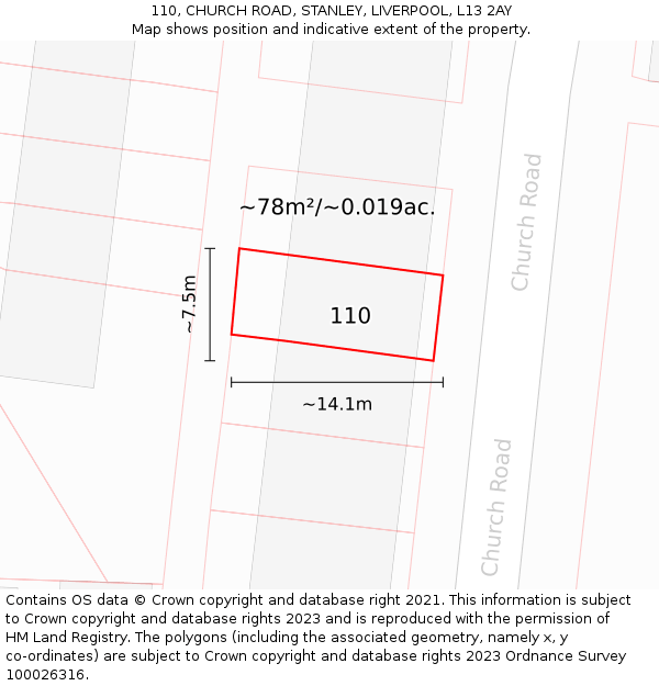 110, CHURCH ROAD, STANLEY, LIVERPOOL, L13 2AY: Plot and title map