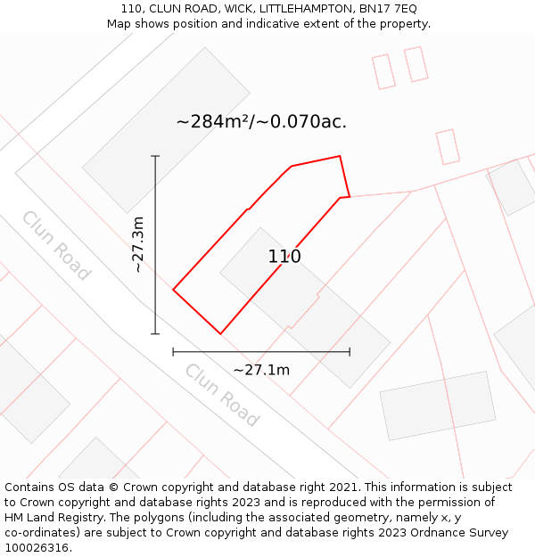 110, CLUN ROAD, WICK, LITTLEHAMPTON, BN17 7EQ: Plot and title map