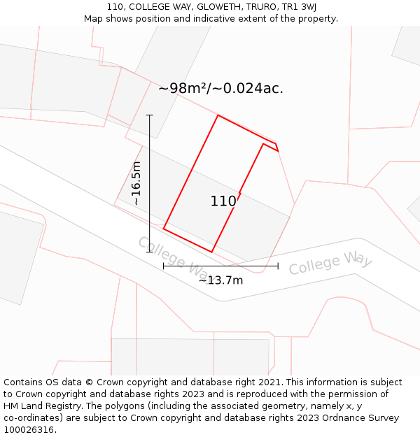 110, COLLEGE WAY, GLOWETH, TRURO, TR1 3WJ: Plot and title map