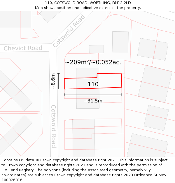 110, COTSWOLD ROAD, WORTHING, BN13 2LD: Plot and title map
