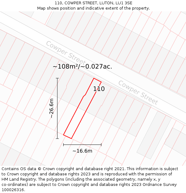 110, COWPER STREET, LUTON, LU1 3SE: Plot and title map