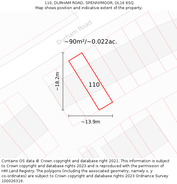110, DURHAM ROAD, SPENNYMOOR, DL16 6SQ: Plot and title map